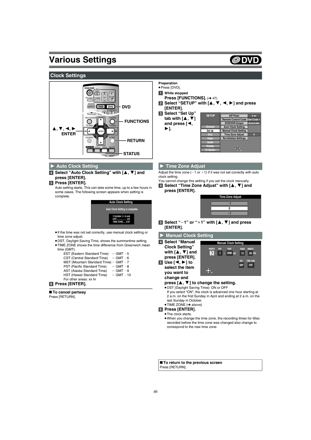 Panasonic DMR-E75V Clock Settings, Auto Clock Setting, Time Zone Adjust, Manual Clock Setting, DVD Functions Return Enter 