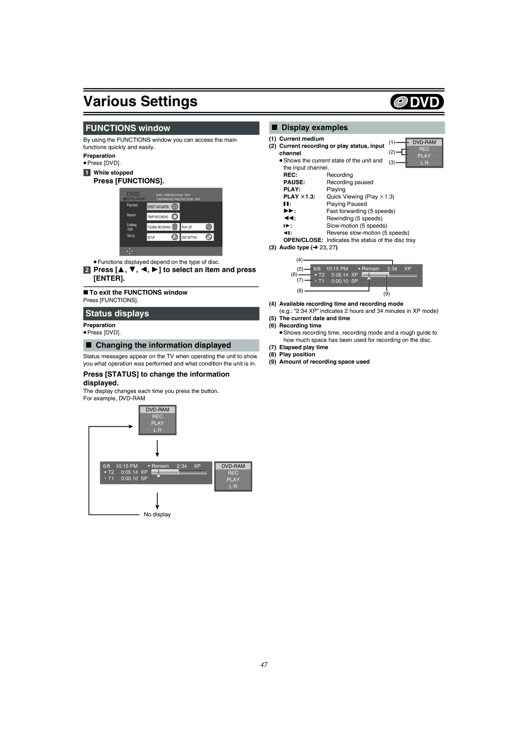 Panasonic DMR-E75V Functions window, Status displays, Changing the information displayed, Display examples 