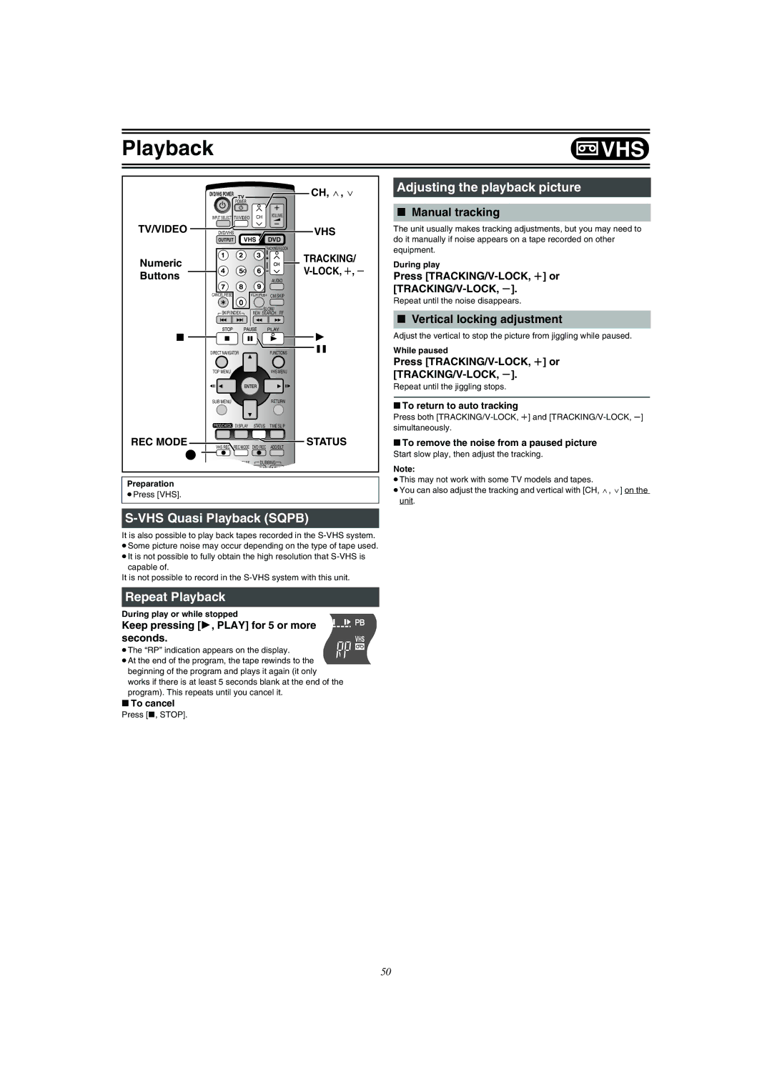 Panasonic DMR-E75V VHS Quasi Playback Sqpb, Repeat Playback, Adjusting the playback picture, Manual tracking 