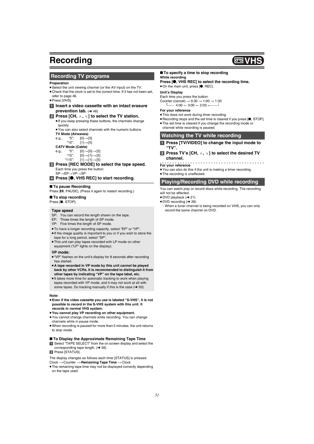 Panasonic DMR-E75V operating instructions Playing/Recording DVD while recording, Press REC Mode to select the tape speed 