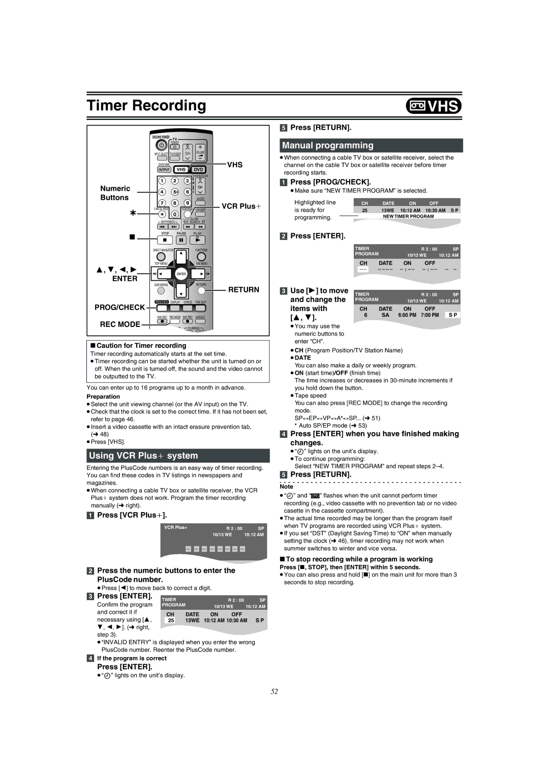 Panasonic DMR-E75V VCR Plus, Press Enter when you have finished making changes, If the program is correct 