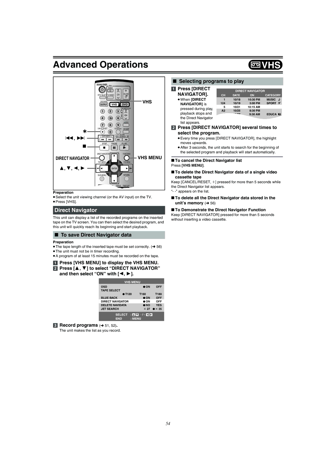 Panasonic DMR-E75V operating instructions To save Direct Navigator data, Selecting programs to play, VHS Menu 