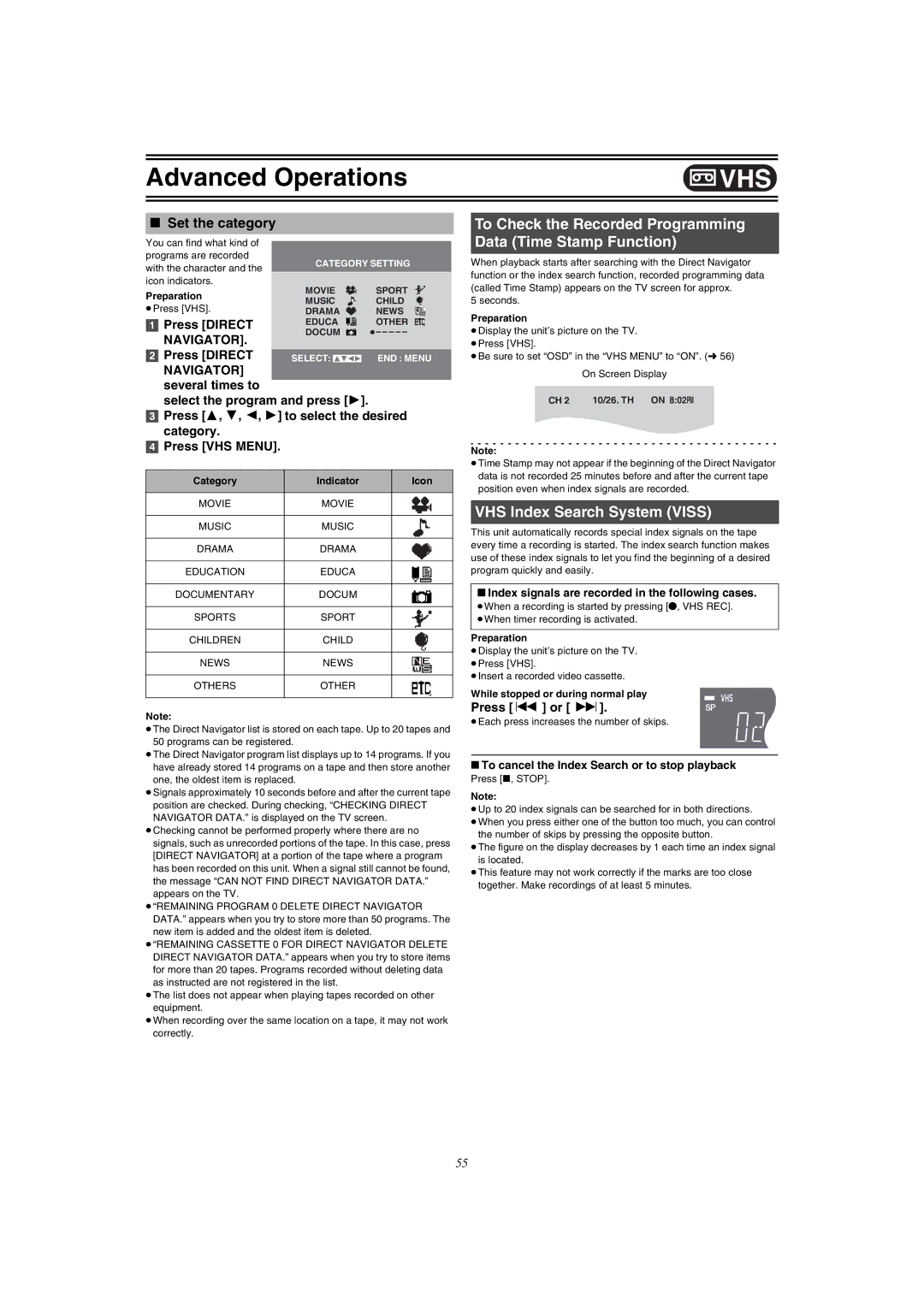 Panasonic DMR-E75V To Check the Recorded Programming Data Time Stamp Function, VHS Index Search System Viss, Press or 