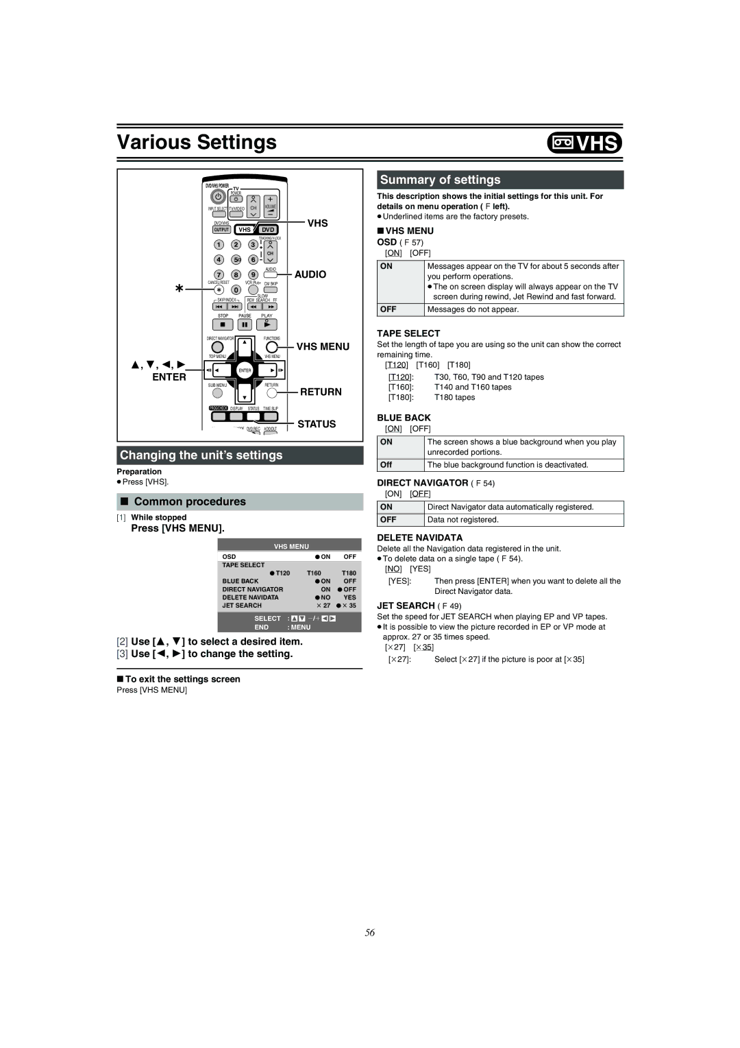 Panasonic DMR-E75V To exit the settings screen, VHS Menu OSD l, Direct Navigator l, JET Search l, Off 