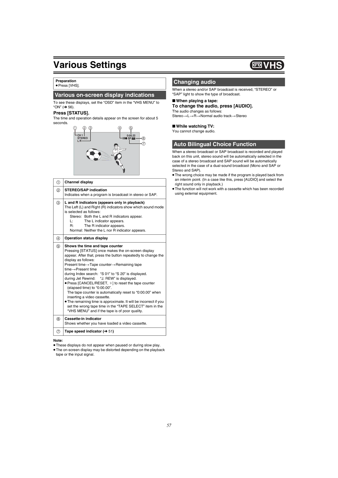 Panasonic DMR-E75V Various on-screen display indications, Changing audio, Auto Bilingual Choice Function, Press Status 