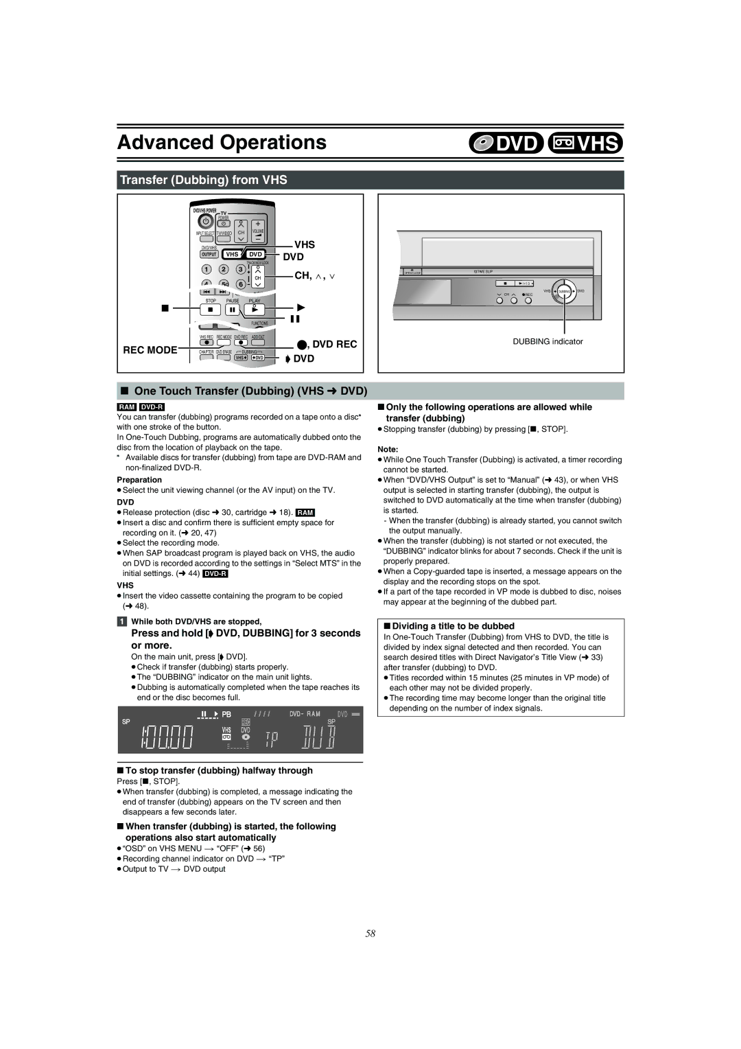 Panasonic DMR-E75V operating instructions Transfer Dubbing from VHS, One Touch Transfer Dubbing VHS l DVD, Dvd Rec 