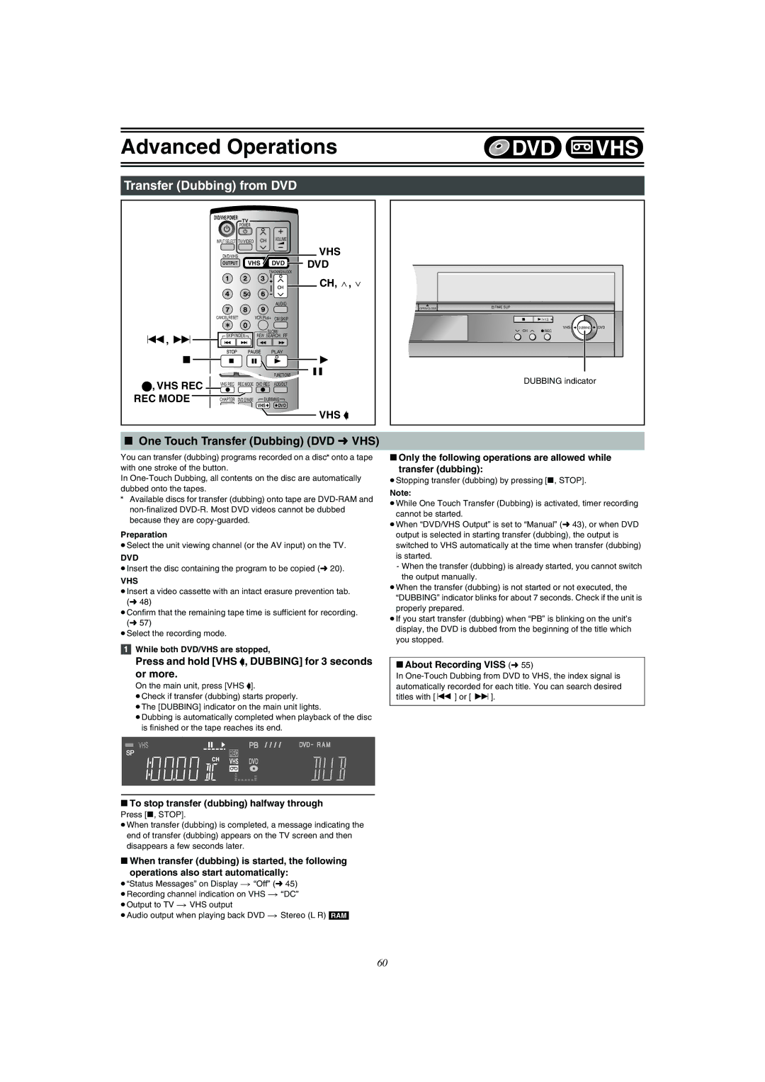 Panasonic DMR-E75V operating instructions Transfer Dubbing from DVD, One Touch Transfer Dubbing DVD l VHS, Vhs Rec, Vhs Dvd 