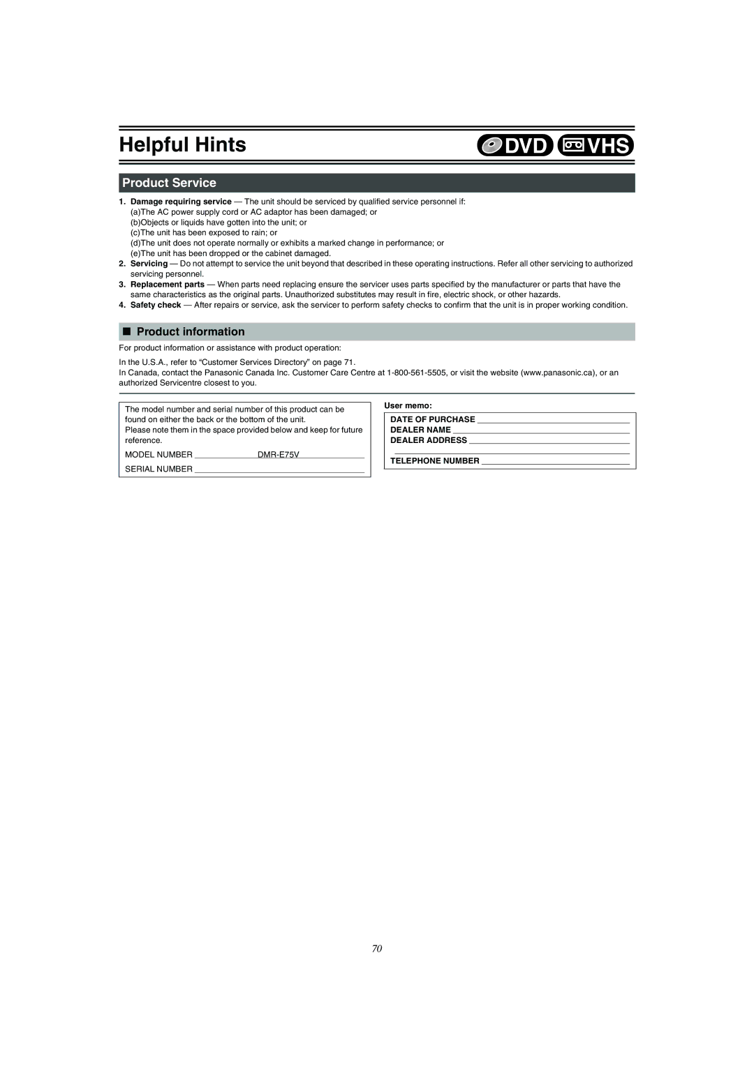 Panasonic DMR-E75V operating instructions Product Service, Product information, User memo 