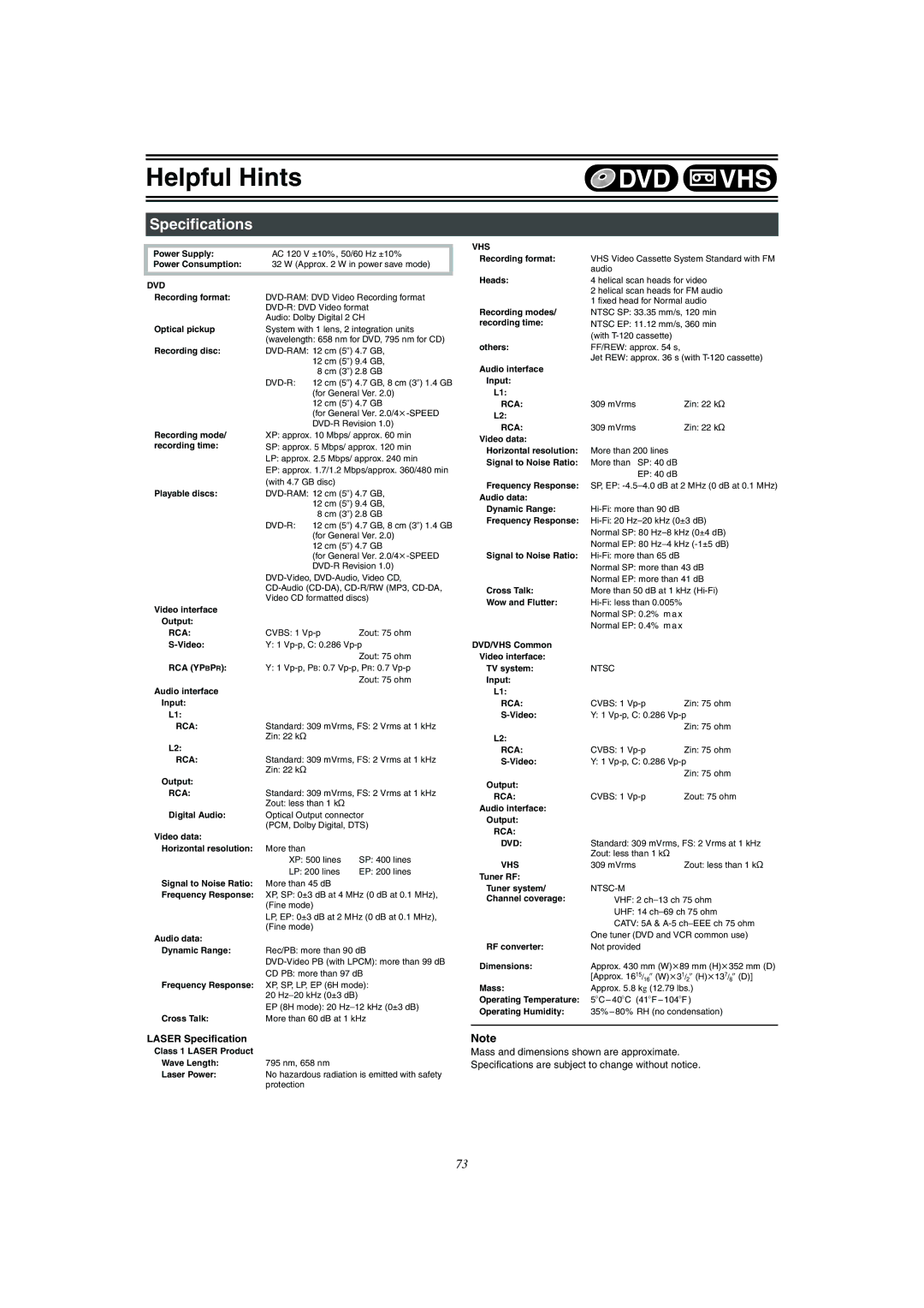 Panasonic DMR-E75V operating instructions Specifications, Laser Specification 