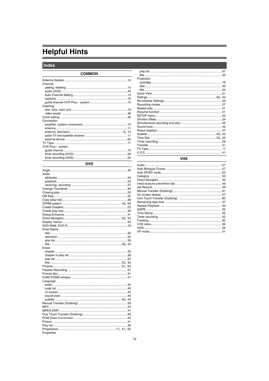 Panasonic DMR-E75V operating instructions Index, Common 