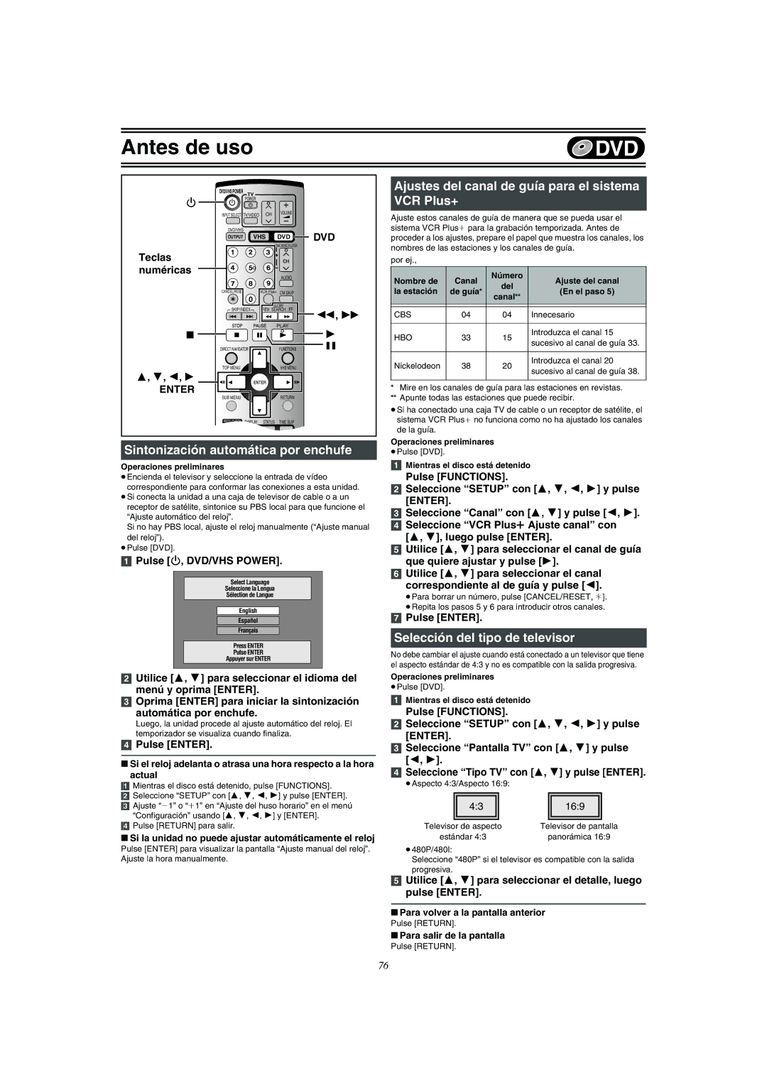 Panasonic DMR-E75V Ajustes del canal de guía para el sistema VCR Plus+, Sintonización automática por enchufe 