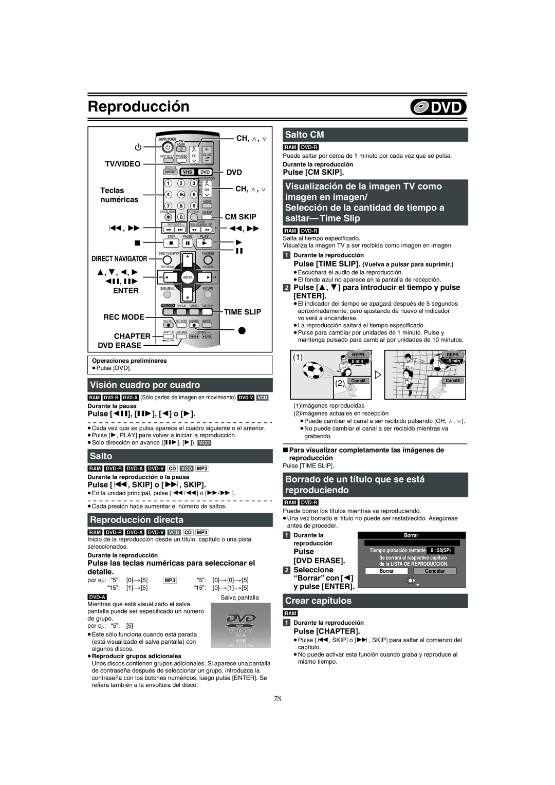 Panasonic DMR-E75V operating instructions Salto CM, Visión cuadro por cuadro, Reproducción directa, Crear capítulos 