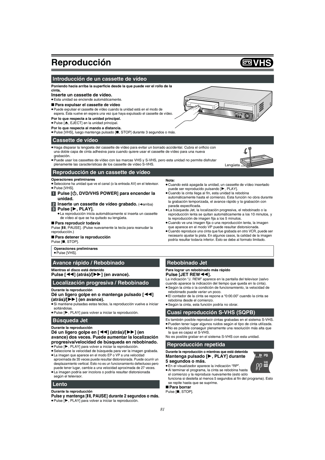 Panasonic DMR-E75V Introducción de un cassette de vídeo, Cassette de vídeo, Reproducción de un cassette de vídeo, Lento 