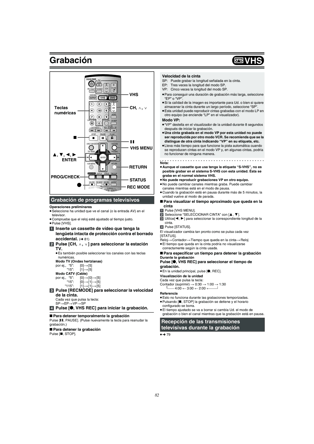 Panasonic DMR-E75V operating instructions VHS Menu Return, Pulse Recmode para seleccionar la velocidad De la cinta 