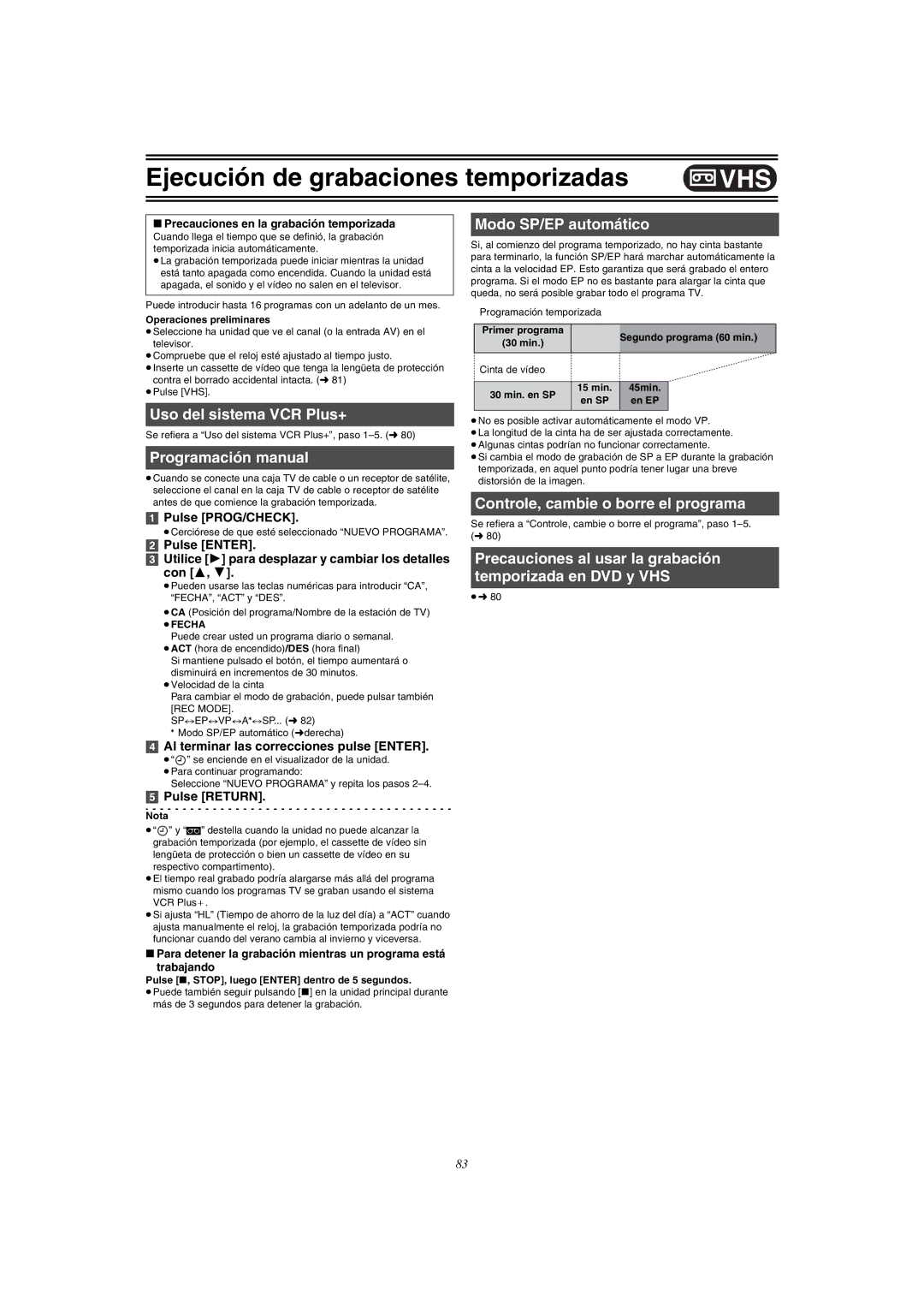 Panasonic DMR-E75V Modo SP/EP automático, Segundo programa 60 min, Cinta de vídeo 30 min. en SP 15 min 45min, En EP 