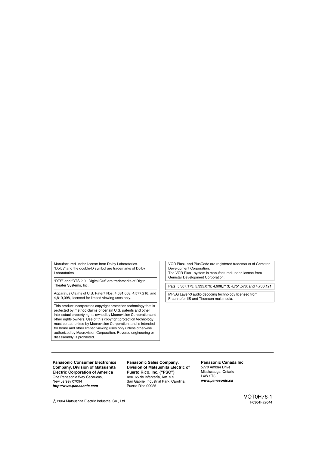 Panasonic DMR-E75V operating instructions Electric Corporation of America Puerto Rico, Inc. PSC, Ambler Drive, F0304Fa2044 