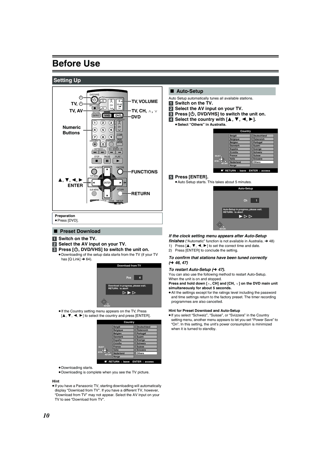 Panasonic DMR-E75V operating instructions Setting Up, Auto-Setup, Preset Download 