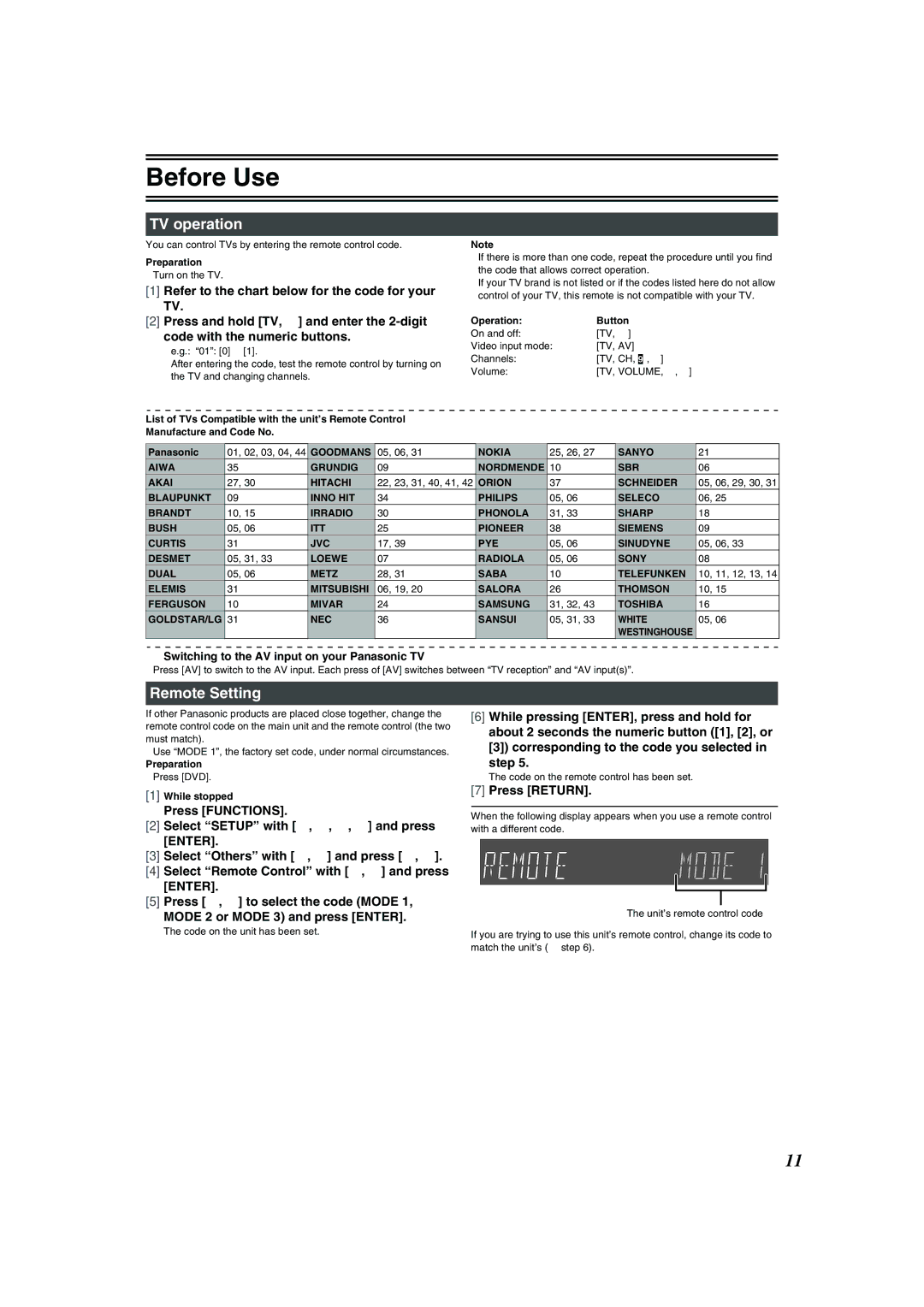 Panasonic DMR-E75V TV operation, Remote Setting, Press Return, Switching to the AV input on your Panasonic TV 