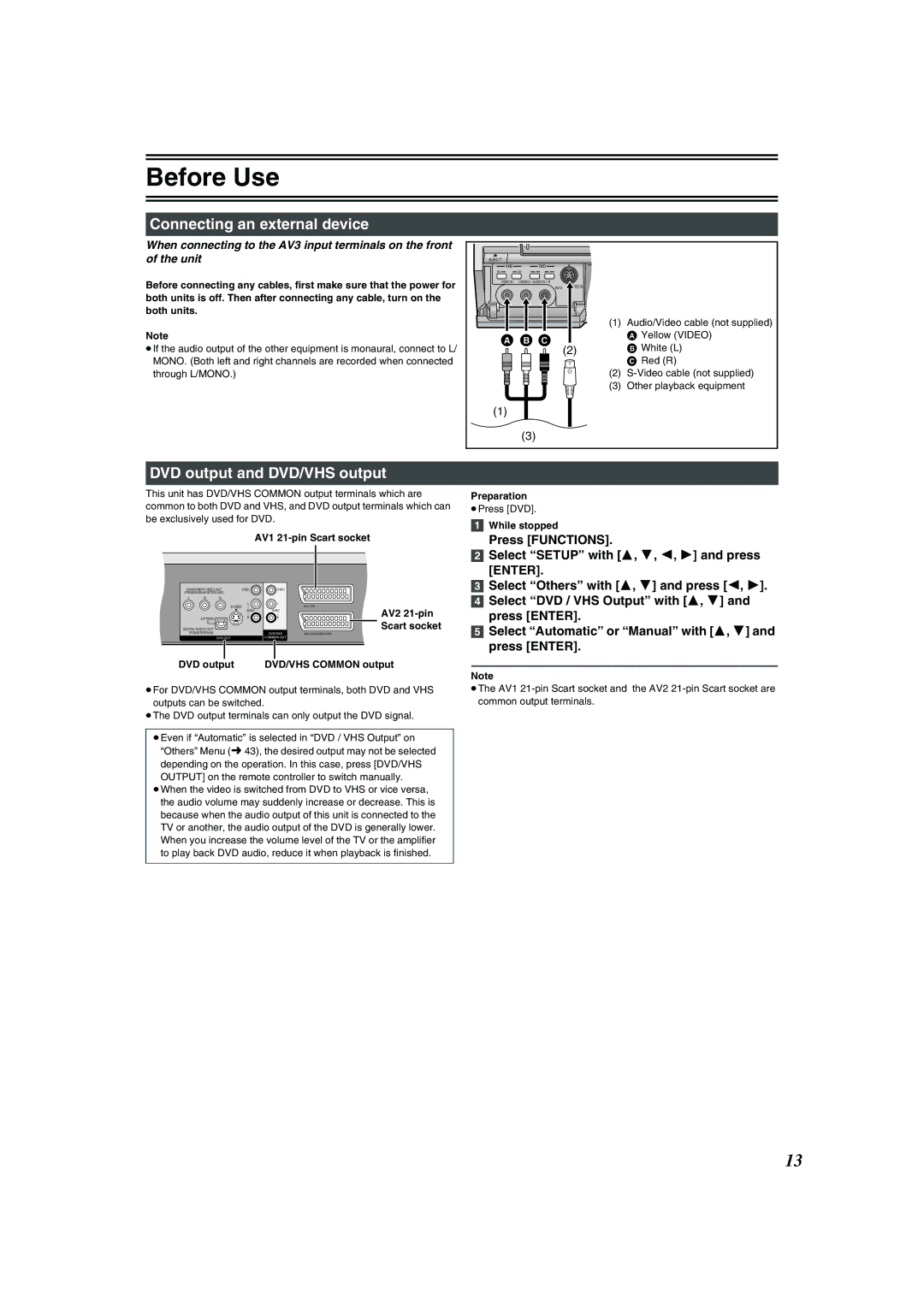 Panasonic DMR-E75V Connecting an external device, DVD output and DVD/VHS output, AV1 21-pin Scart socket, AV2 21-pin 