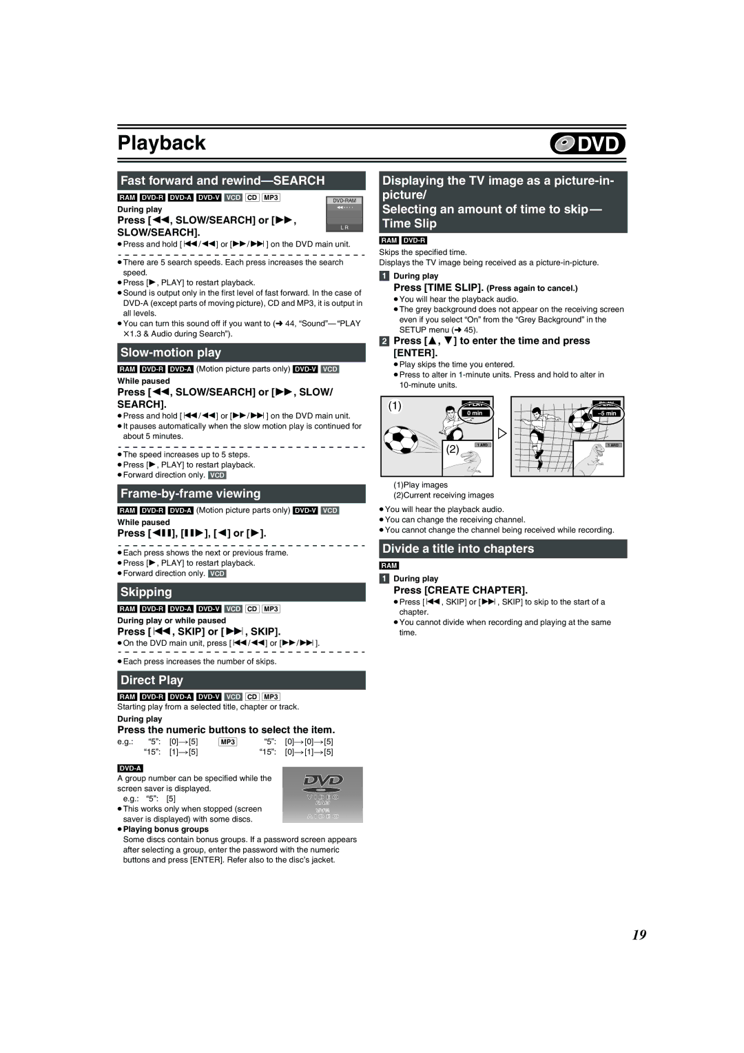 Panasonic DMR-E75V Fast forward and rewind-SEARCH, Slow-motion play, Frame-by-frame viewing, Skipping, Direct Play 