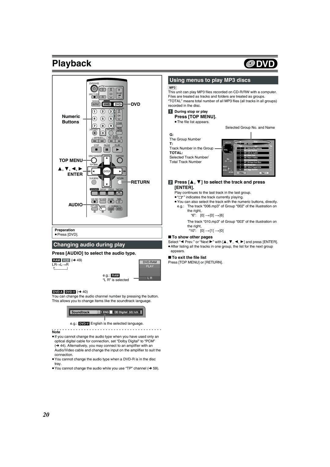 Panasonic DMR-E75V operating instructions Using menus to play MP3 discs, Changing audio during play, TOP Menu Enter, Audio 