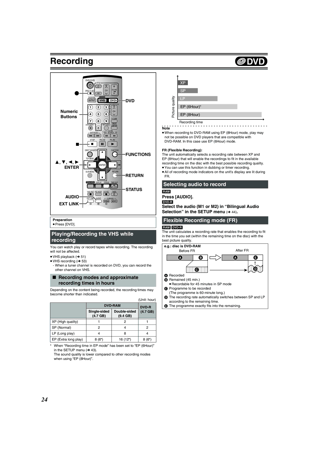 Panasonic DMR-E75V Playing/Recording the VHS while recording, Selecting audio to record, Flexible Recording mode FR 