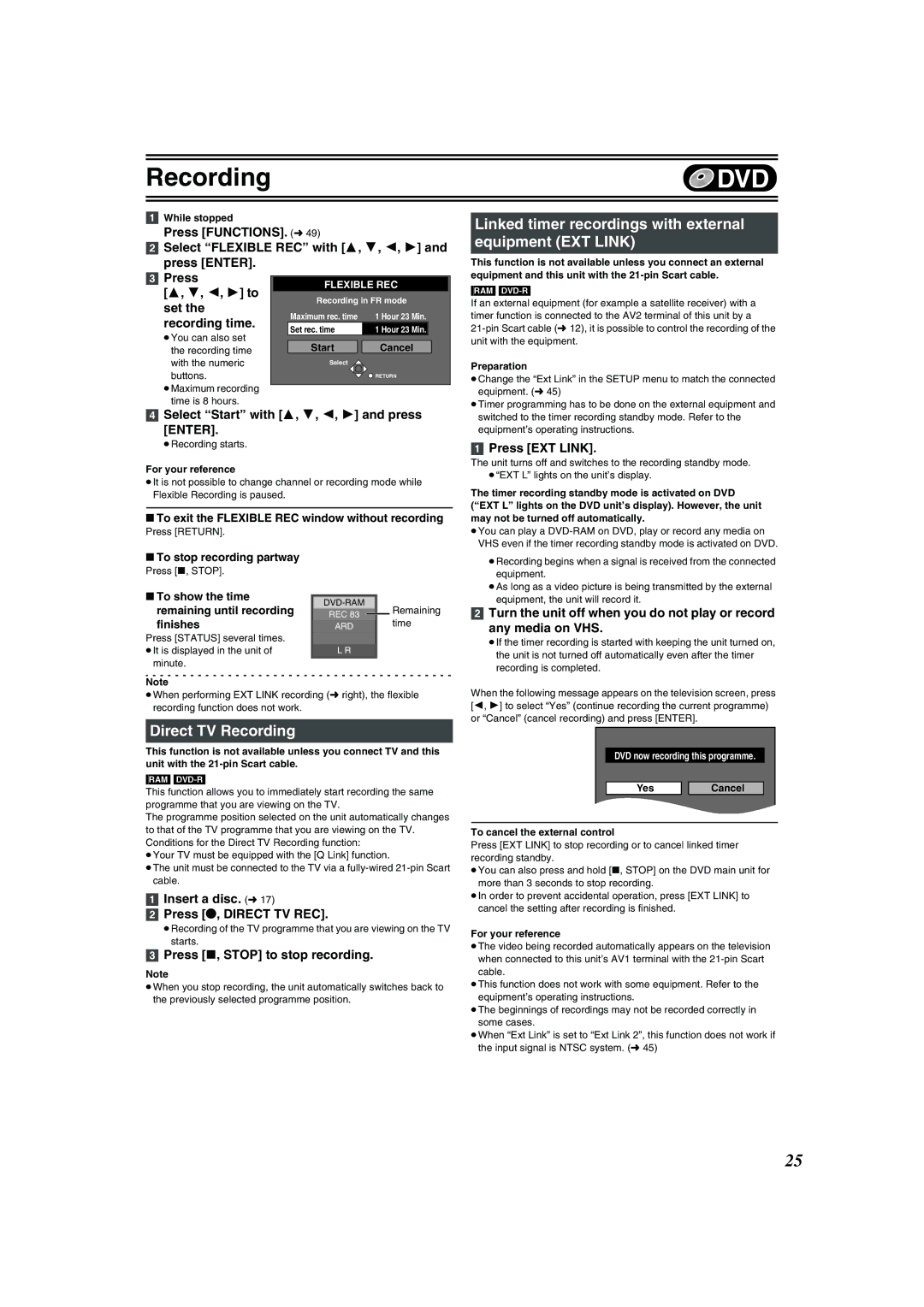 Panasonic DMR-E75V operating instructions Linked timer recordings with external, Equipment EXT Link, Direct TV Recording 