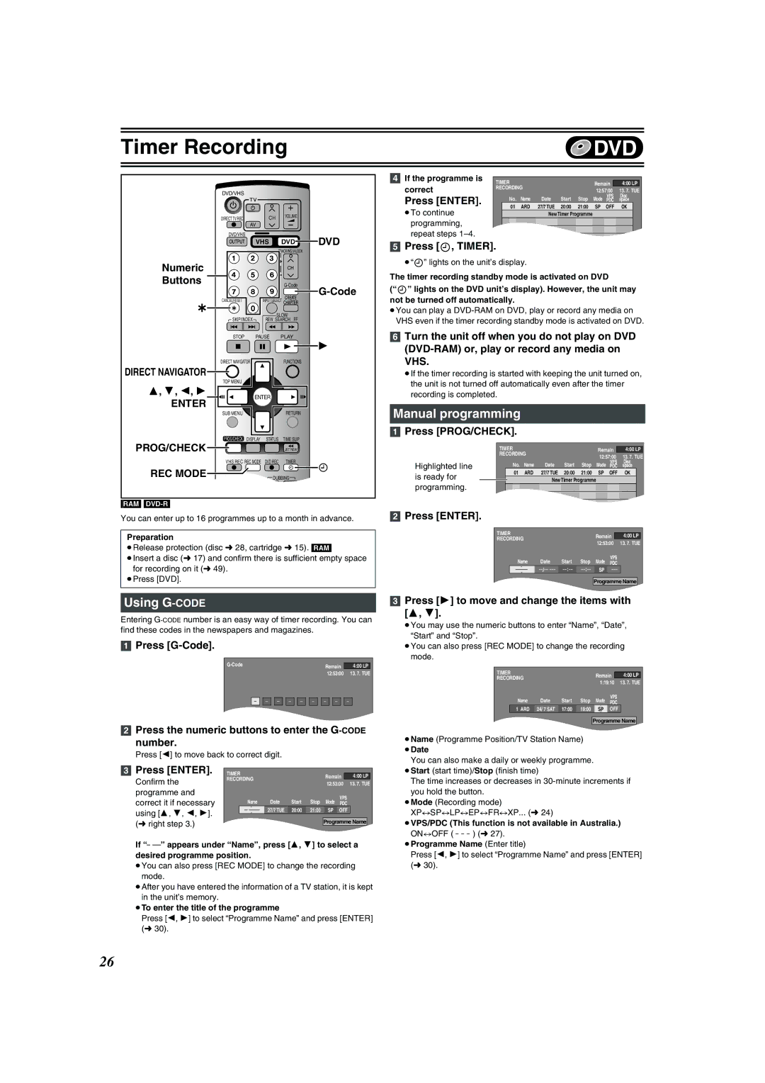 Panasonic DMR-E75V operating instructions Using G-CODE, Manual programming, Prog/Check, REC Mode EXT Link 