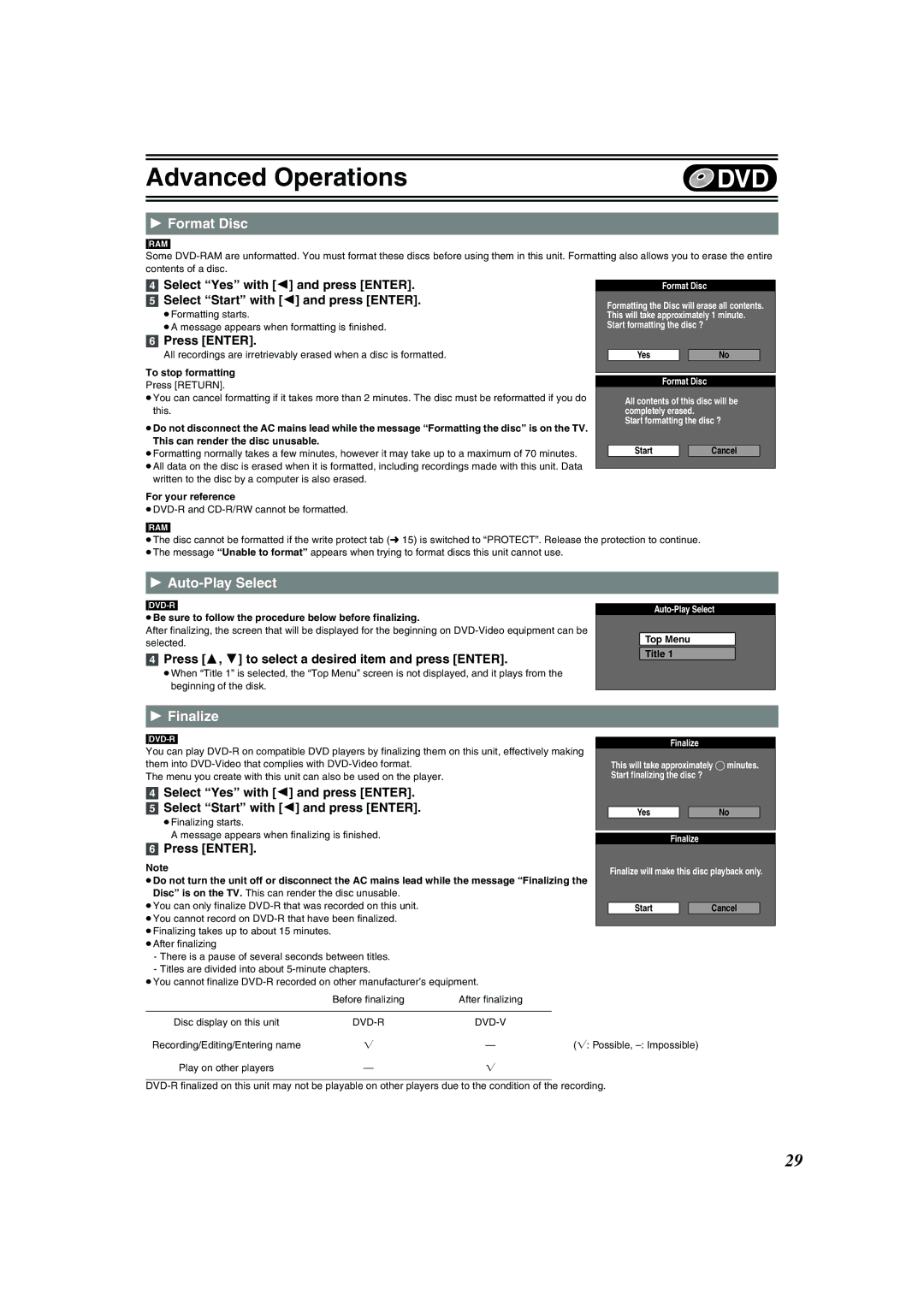 Panasonic DMR-E75V operating instructions Format Disc, Auto-Play Select, Finalize, Select Start with 2 and press Enter 