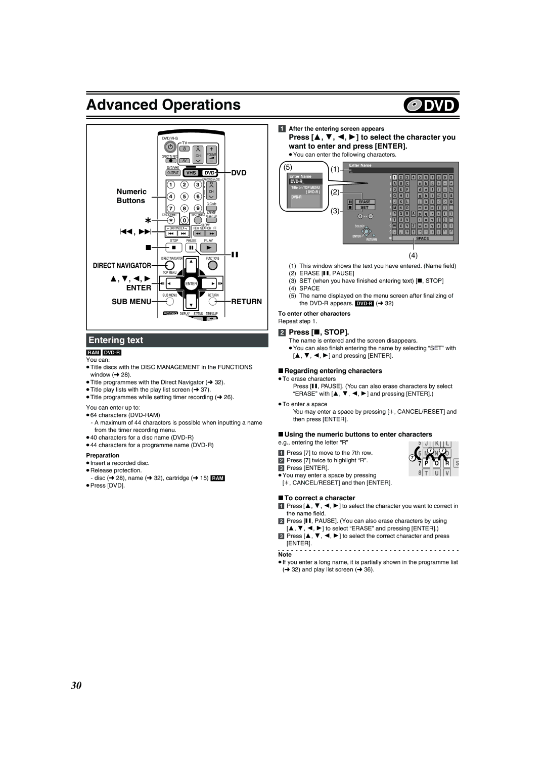 Panasonic DMR-E75V operating instructions Entering text, Enter SUB Menu, Press , Stop 