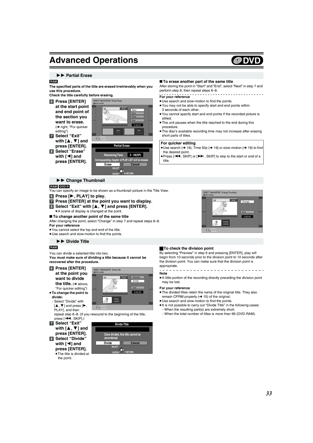 Panasonic DMR-E75V operating instructions Partial Erase, Change Thumbnail, Divide Title 