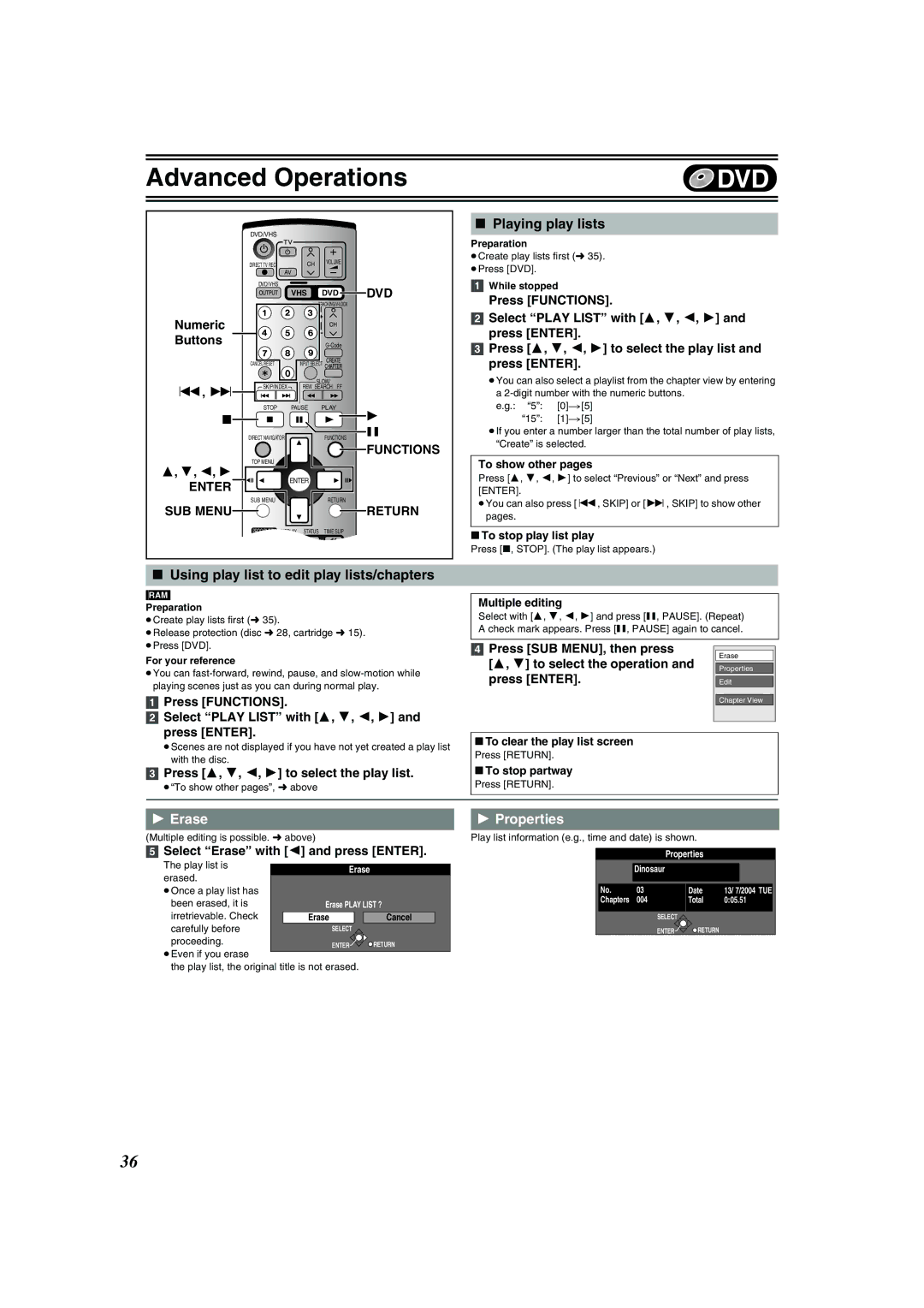 Panasonic DMR-E75V Using play list to edit play lists/chapters, Playing play lists, Press SUB MENU, then press 