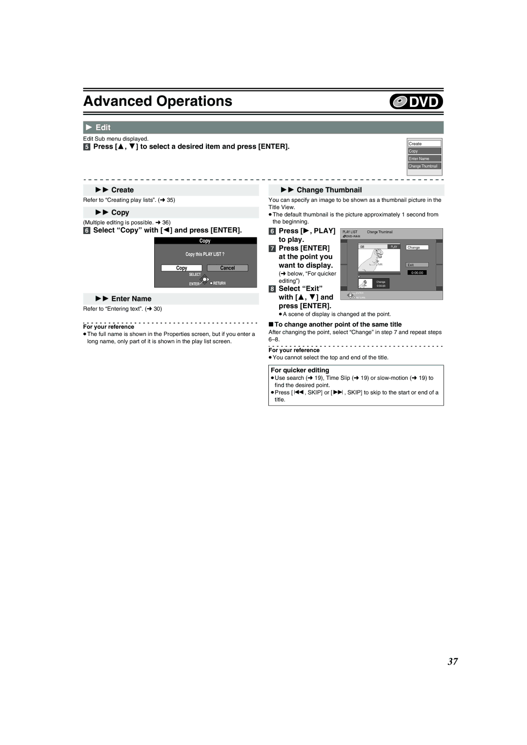 Panasonic DMR-E75V operating instructions Create, Select Copy with 2 and press Enter, Enter Name 