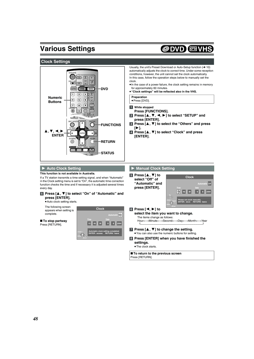 Panasonic DMR-E75V operating instructions Clock Settings, Auto Clock Setting, Manual Clock Setting 