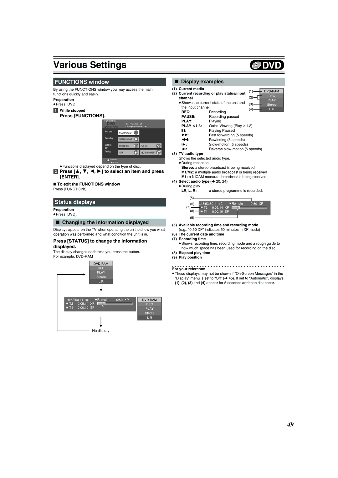 Panasonic DMR-E75V Functions window, Status displays, Changing the information displayed, Display examples 