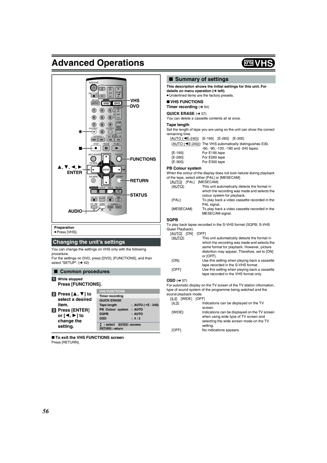 Panasonic DMR-E75V VHS Functions Timer recording l Quick Erase l, Tape length, PB Colour system, OSD l 