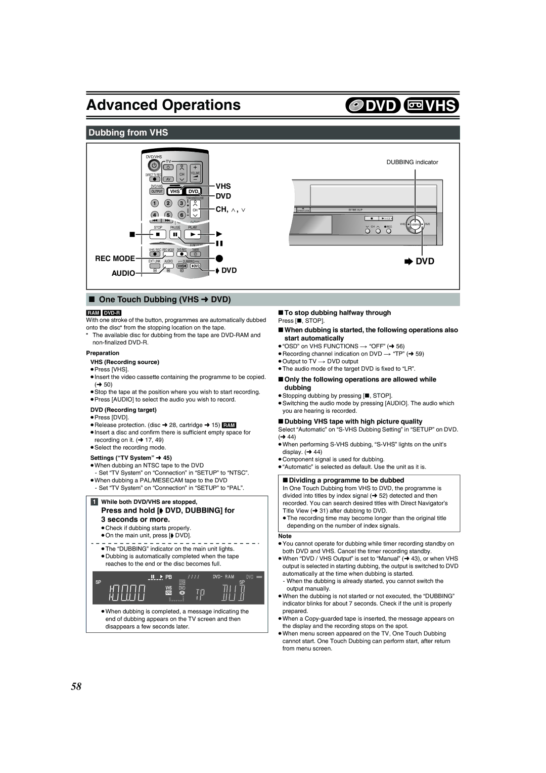 Panasonic DMR-E75V Dubbing from VHS, One Touch Dubbing VHS l DVD, Press and hold DVD, Dubbing for 3 seconds or more 