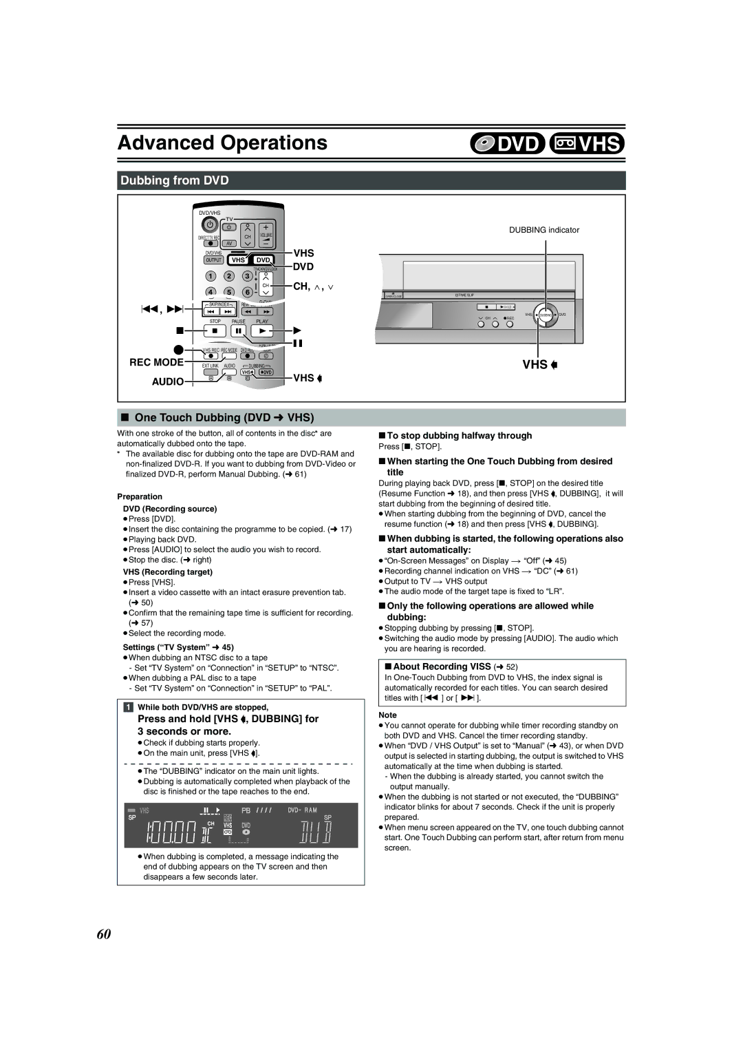 Panasonic DMR-E75V Dubbing from DVD, One Touch Dubbing DVD l VHS, Press and hold VHS -, Dubbing for 3 seconds or more 