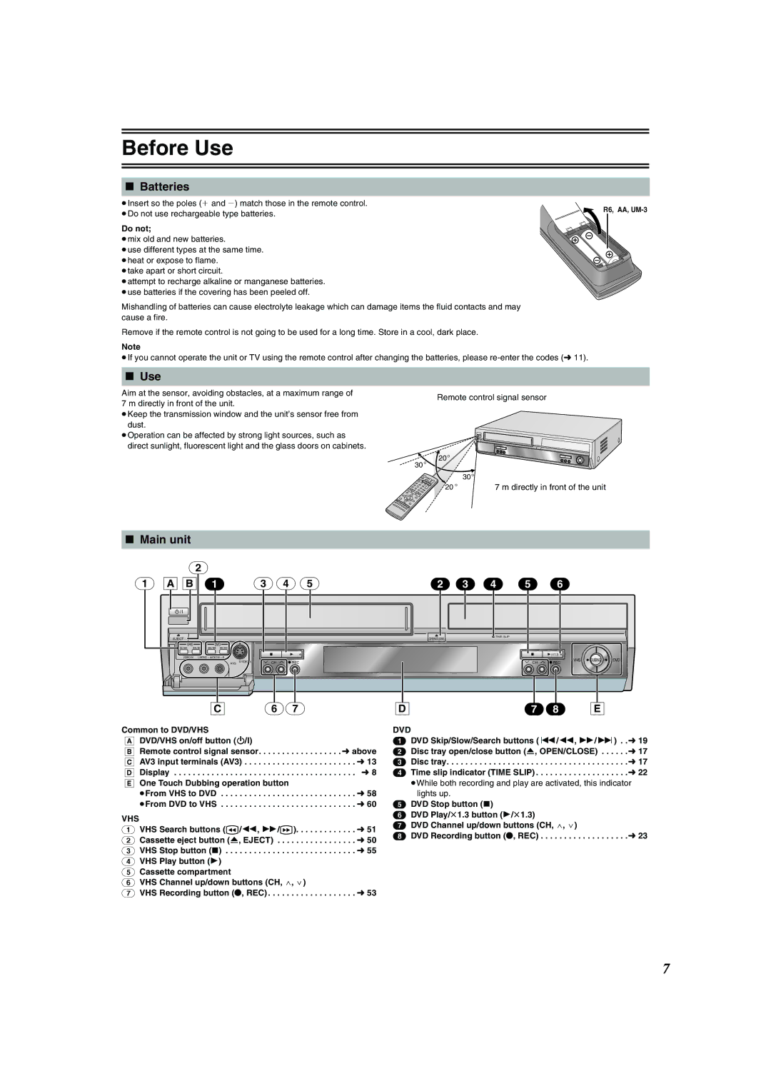 Panasonic DMR-E75V operating instructions Batteries, Use, Main unit 