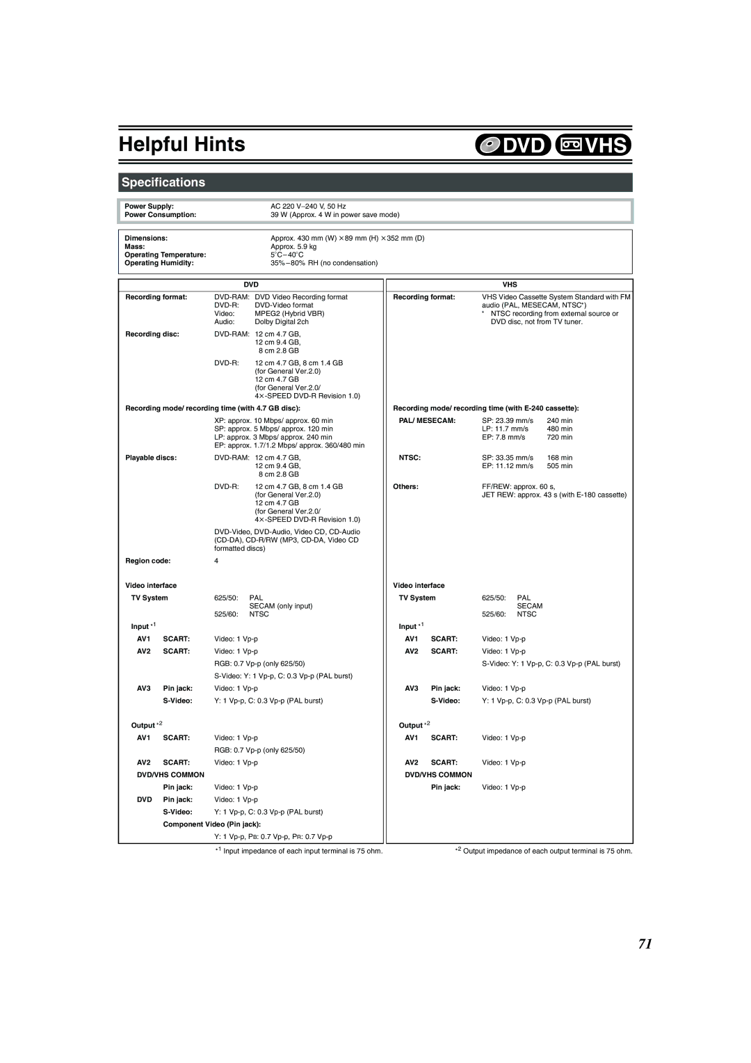 Panasonic DMR-E75V operating instructions Specifications, Dvd 