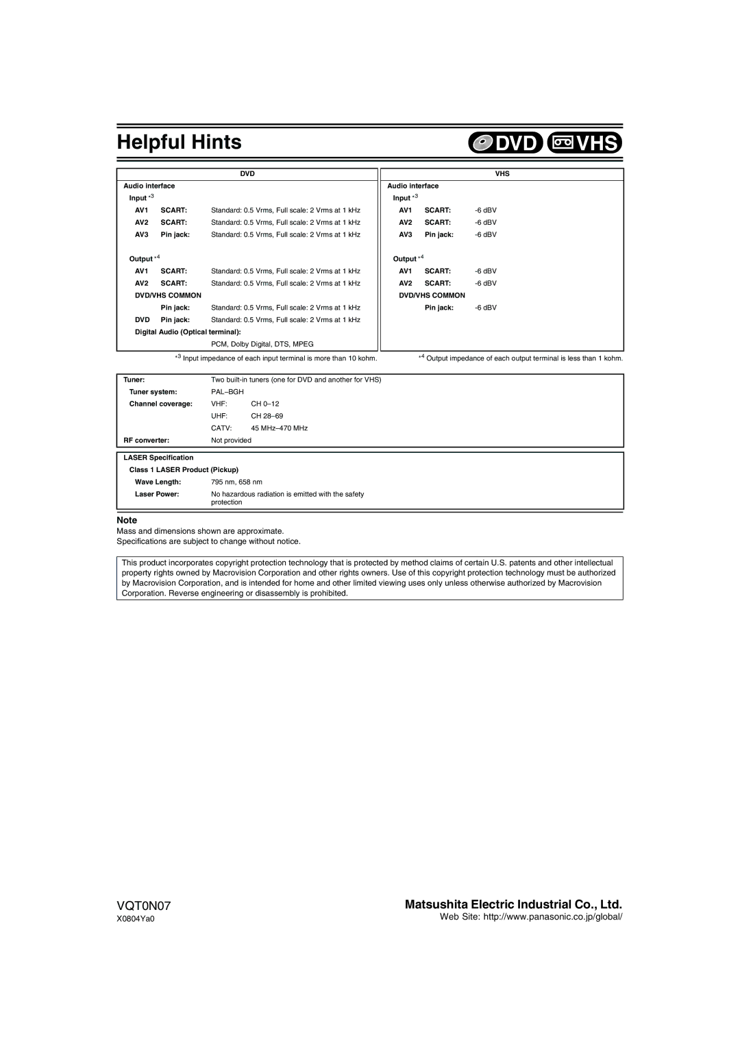 Panasonic DMR-E75V operating instructions X0804Ya0, Laser Specification Class 1 Laser Product Pickup 