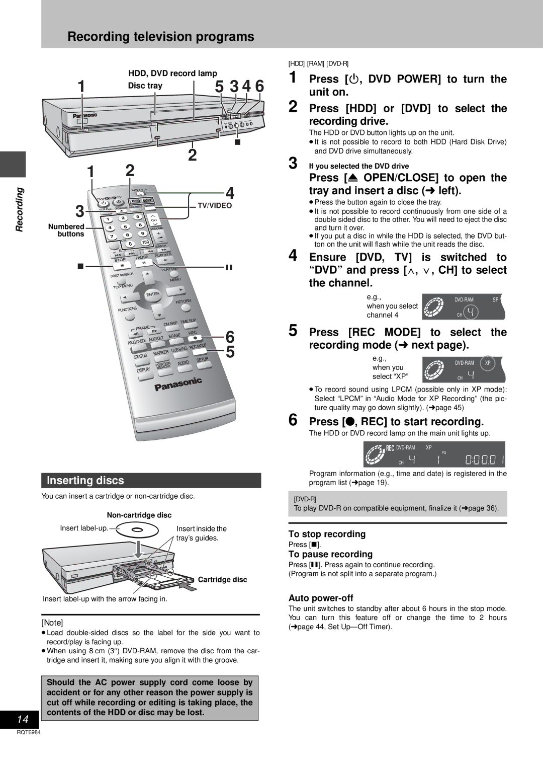 Panasonic DMR-E80H Recording television programs, Inserting discs, Press REC Mode to select the recording mode next 