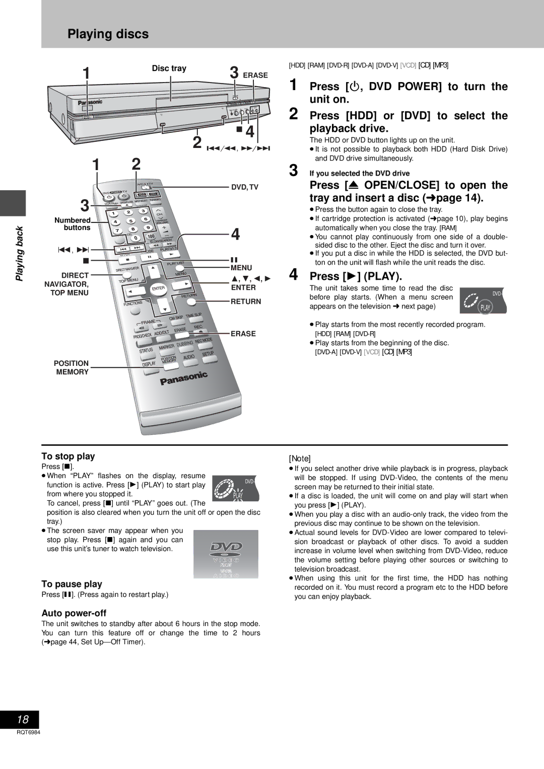 Panasonic DMR-E80H Playing discs, Press OPEN/CLOSE to open the tray and insert a disc, To stop play, To pause play 