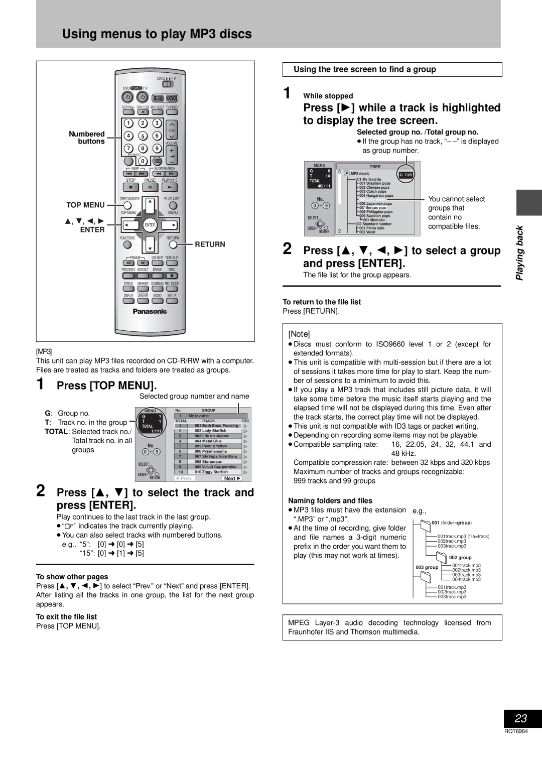 Panasonic DMR-E80H Using menus to play MP3 discs, Press TOP Menu, Press 3, 4, 2, 1 to select a group and press Enter 