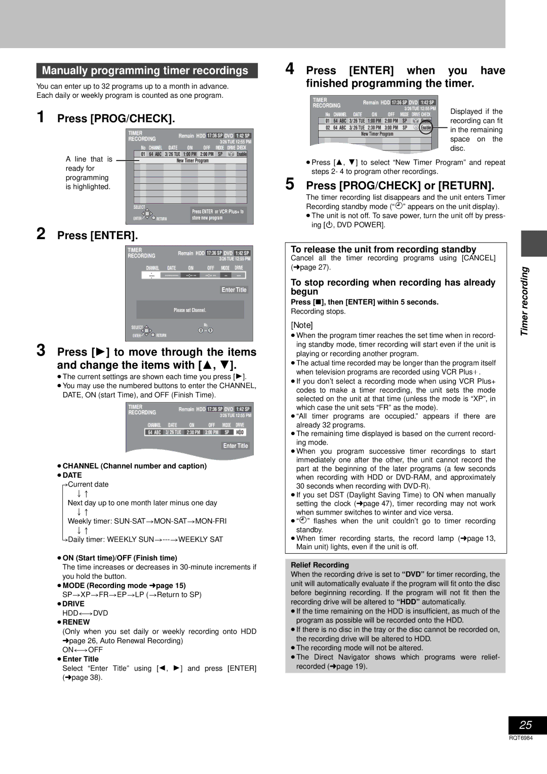 Panasonic DMR-E80H operating instructions Manually programming timer recordings, Press PROG/CHECK or Return 