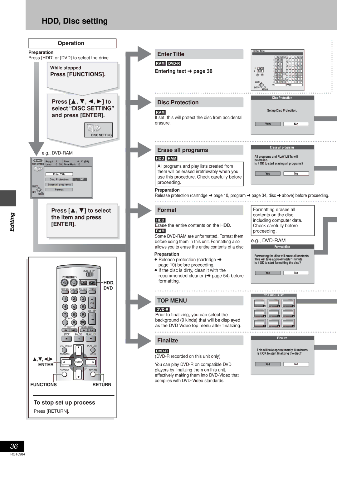 Panasonic DMR-E80H operating instructions HDD, Disc setting, Disc Protection 