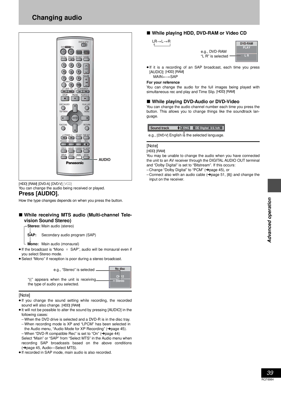 Panasonic DMR-E80H operating instructions Changing audio, Press Audio, While playing HDD, DVD-RAM or Video CD 