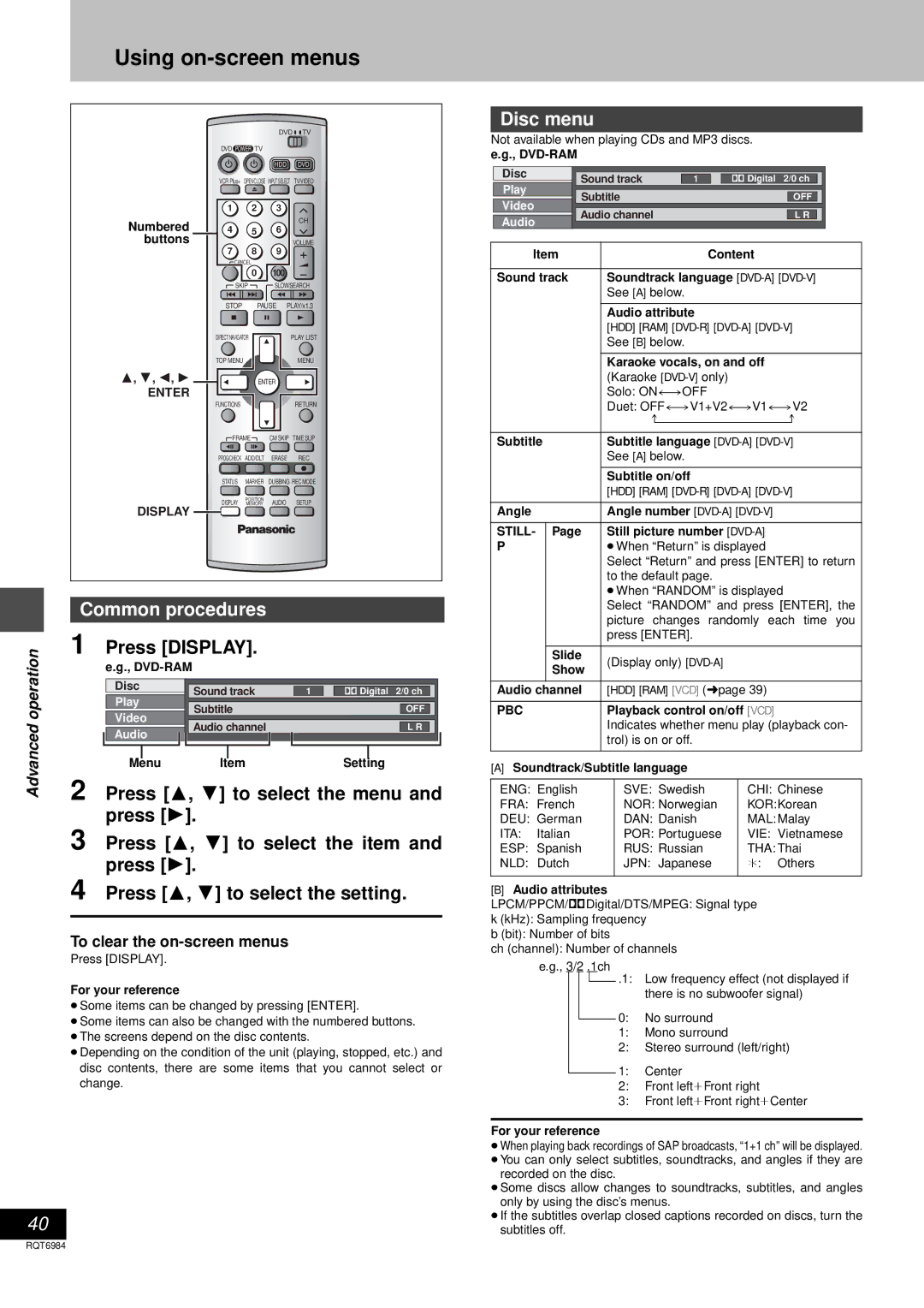 Panasonic DMR-E80H Using on-screen menus, Disc menu, Common procedures, Press 3, 4 to select the menu 