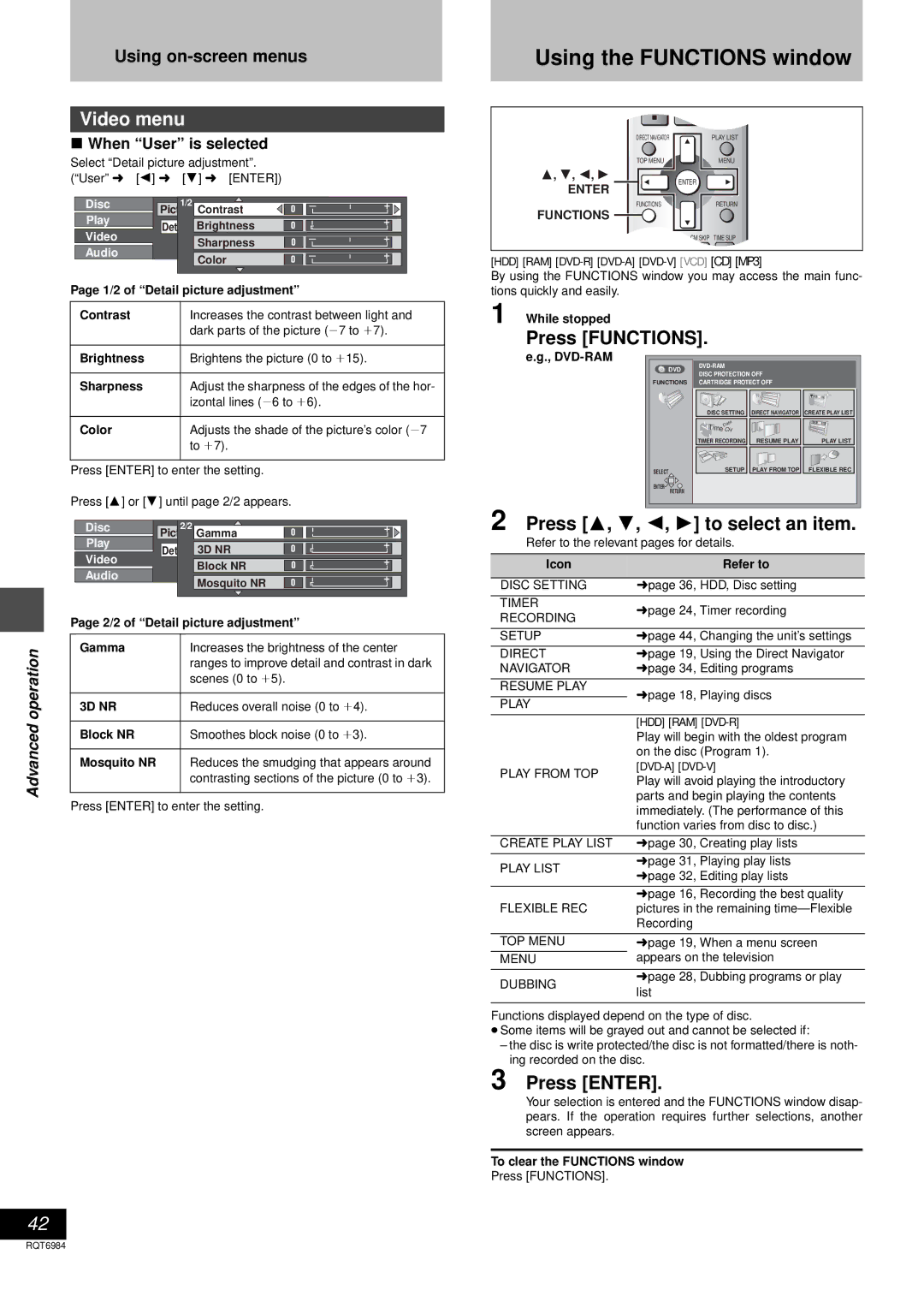 Panasonic DMR-E80H Press Functions, Press 3, 4, 2, 1 to select an item, When User is selected, 3D NR, Dvd-Ram 