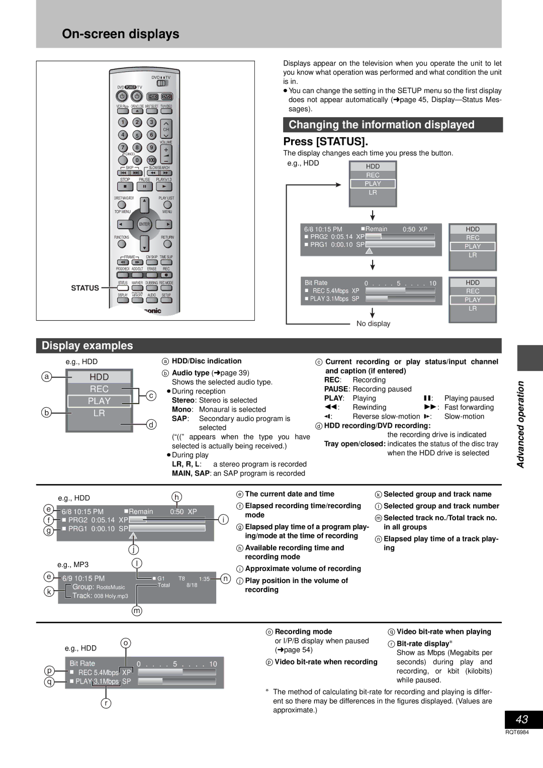 Panasonic DMR-E80H On-screen displays, Changing the information displayed, Press Status, Display examples, Play 